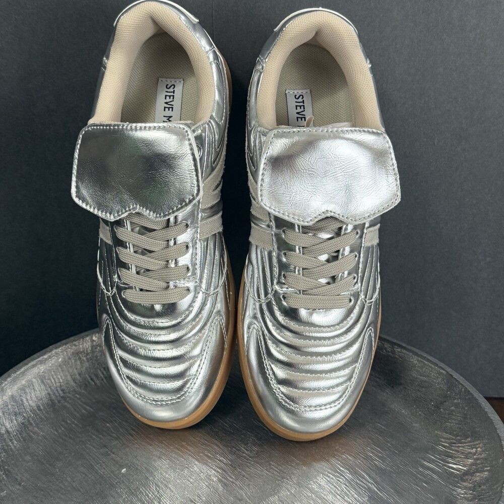 Streatwear Edgy Steve Madden Women Madrid Silver Sneaker Size 6.5 Bujee Glam - Picture 12 of 13